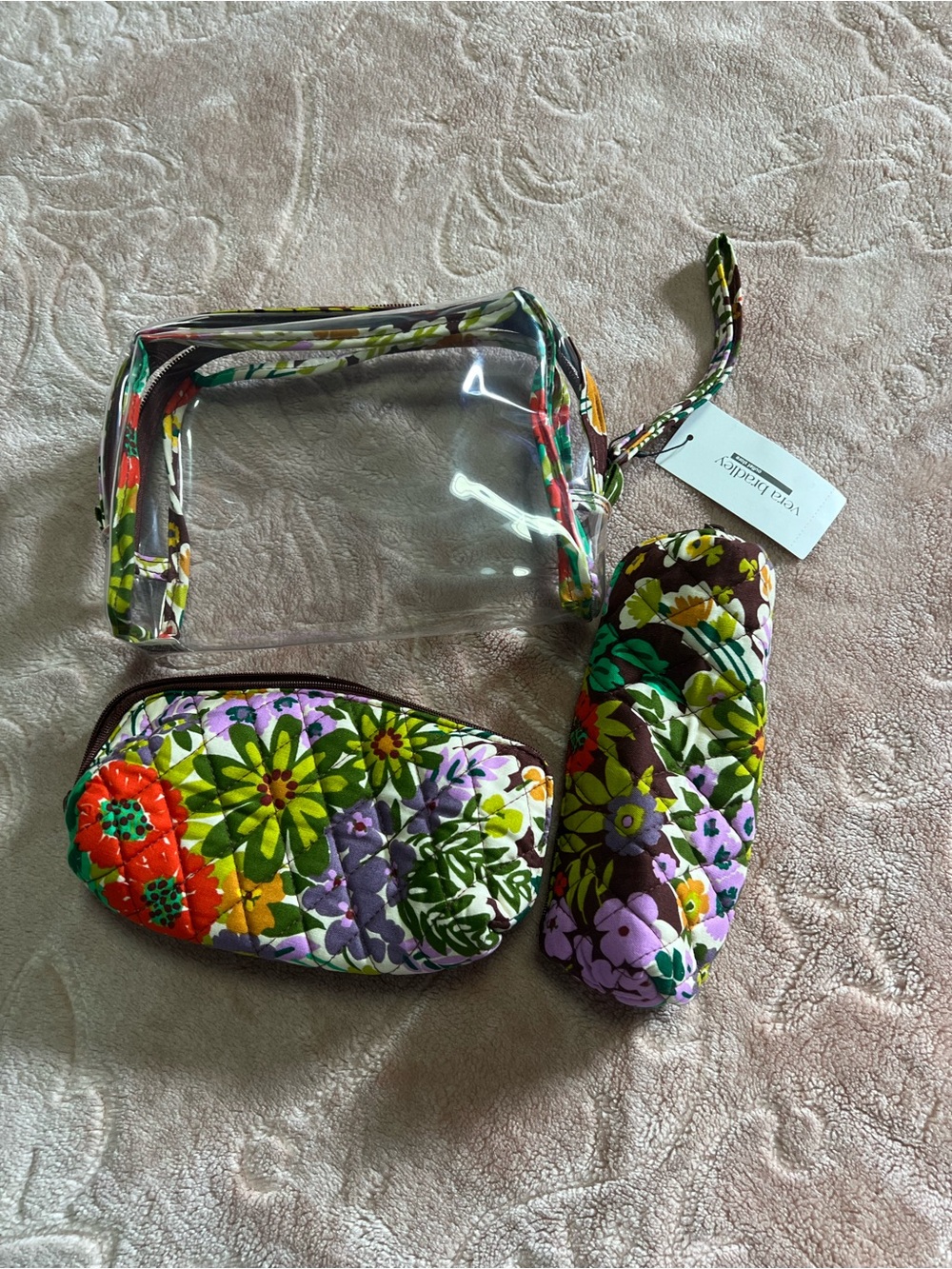 3 pc cosmetic set Vera Bradley Quilted Floral in Green, Red, Purple